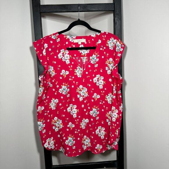LOFT Red Floral Flutter Sleeve Blouse – Feminine & Flirty - Picture 2 of 6